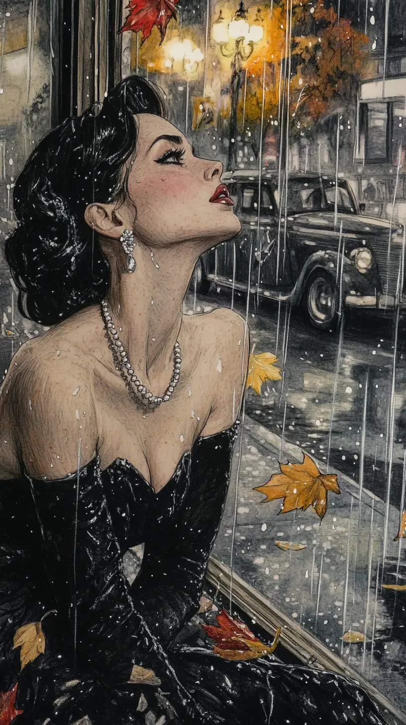 Elegant woman by a rainy window in black dress