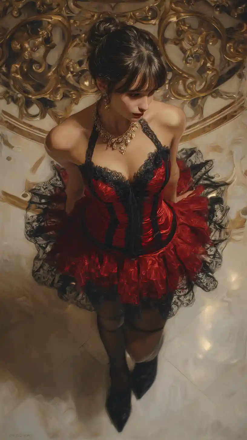 Elegant woman walking through a luxurious palace interior