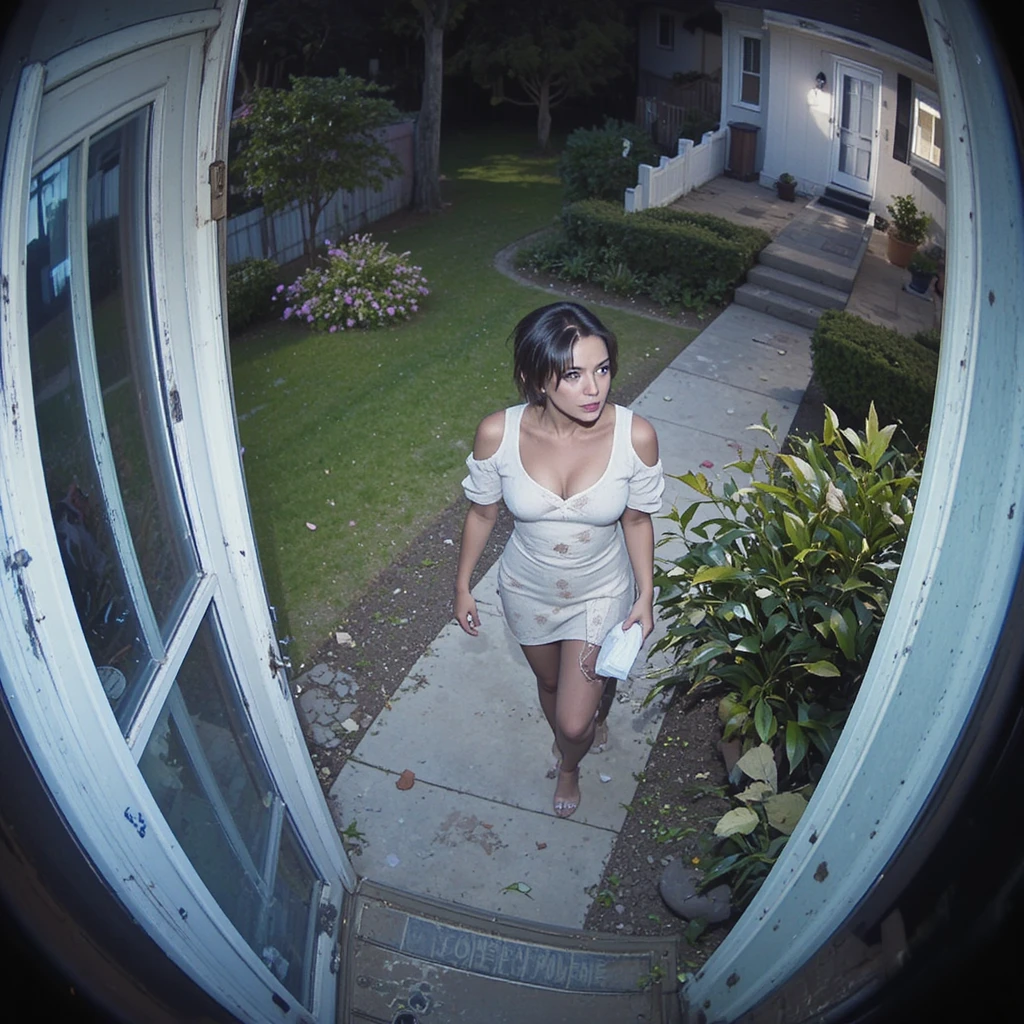 Doorbell camera view of naked woman at home entrance