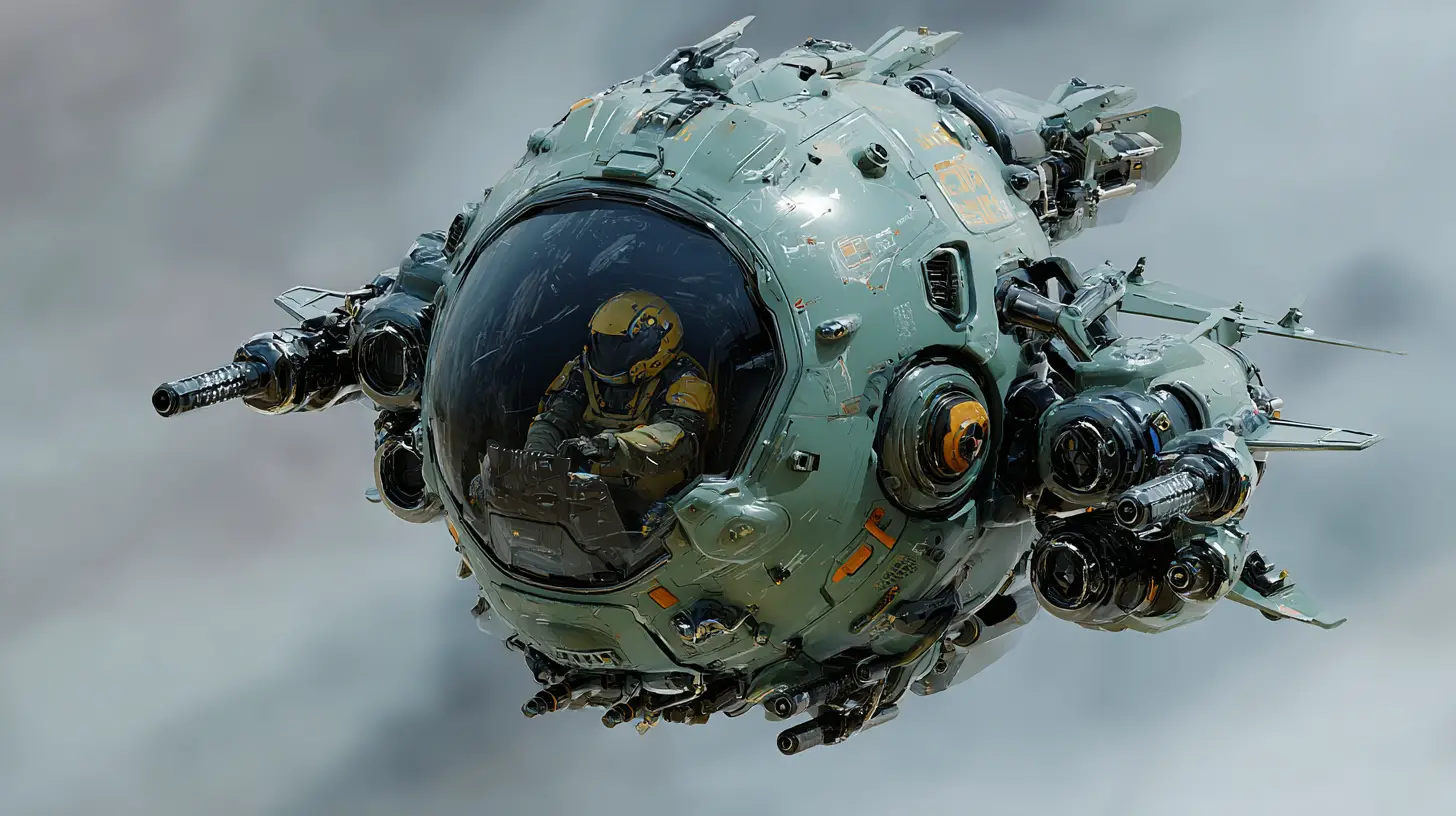 Futuristic spherical space fighter with visible pilot cockpit