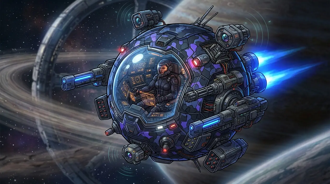 Spherical single seat space fighter with visible pilot cockpit