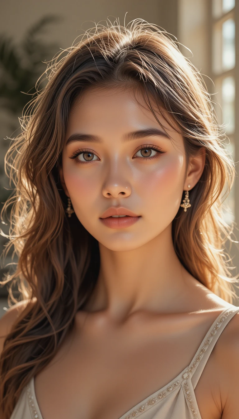Serene young woman in beige dress with soft daylight