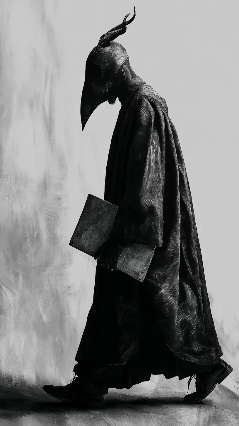 Dark pastor figure walking through a troubled church