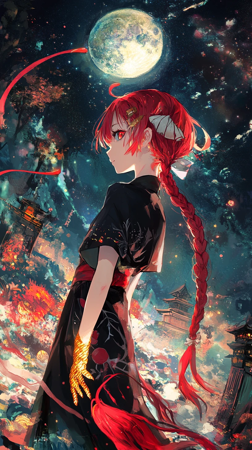 Chica de anime con atuendo estampado y diseño de carpa koi