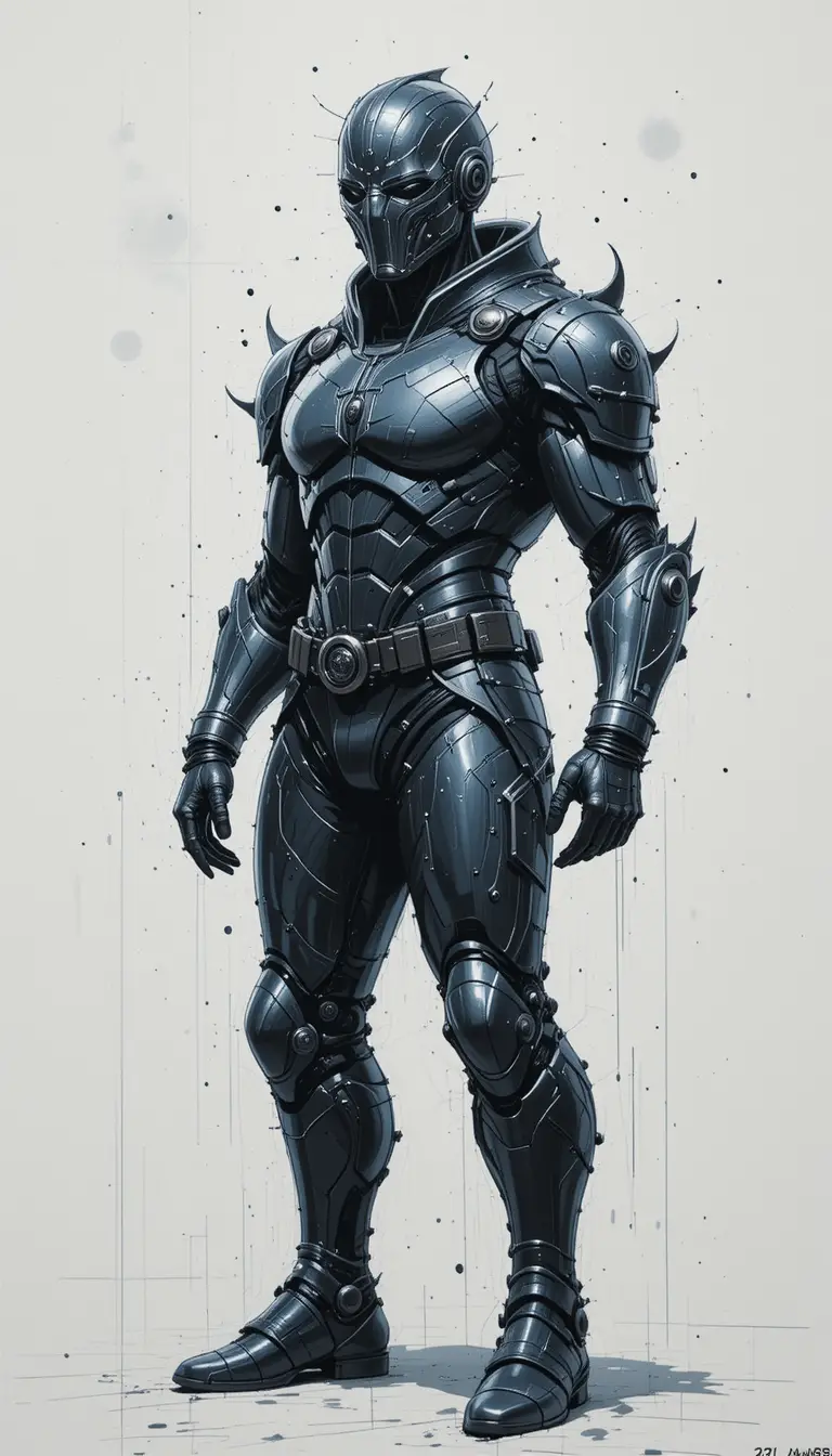 Masked space pirate in high tech armor on white background