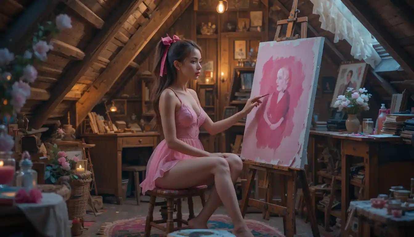 Barefoot female artist painting in a quiet attic studio