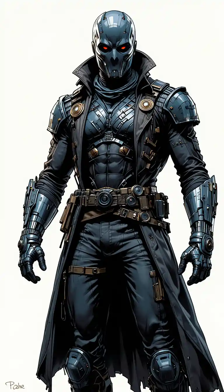 Masked space pirate in futuristic armor and trench coat