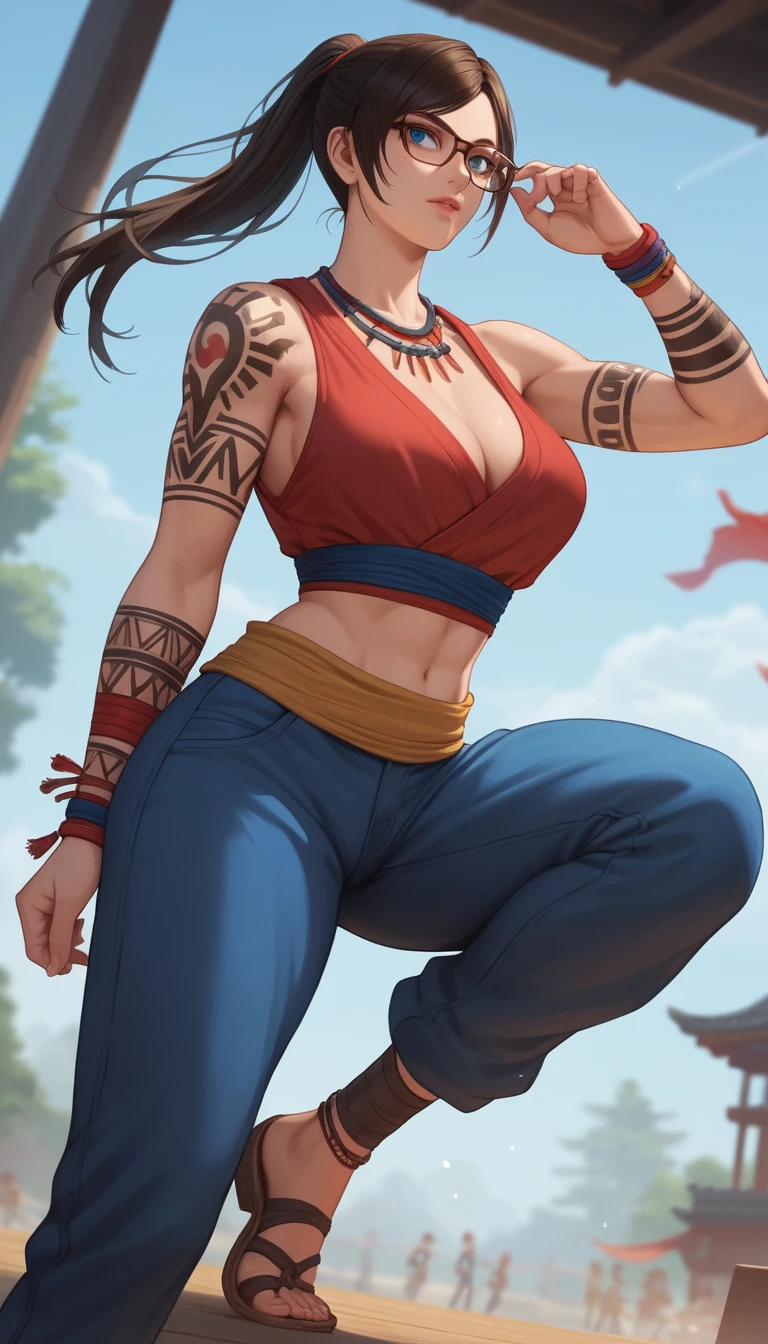 Anime ninja woman poised to strike in battle arena
