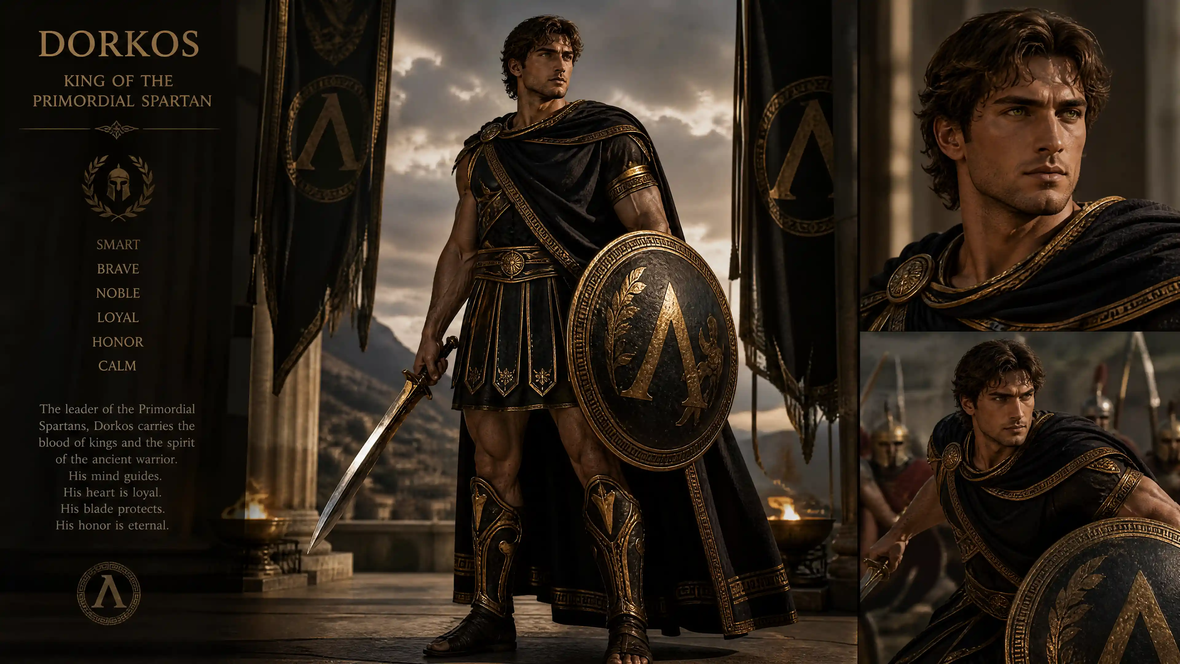 Noble Spartan king in ancient royal battle attire