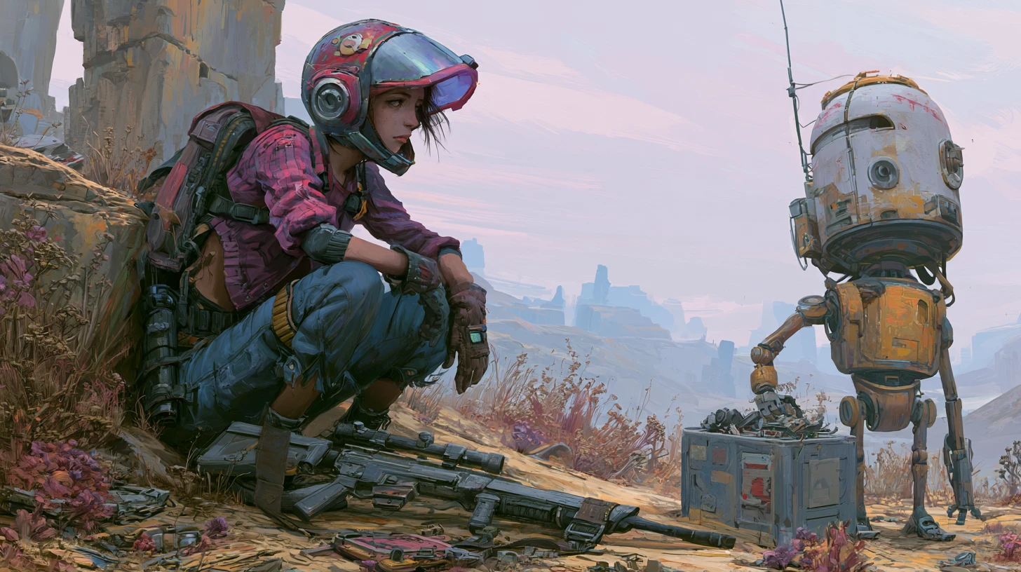 Femme armée et droïde fouillant une ville en ruines dans un désert post-apocalyptique