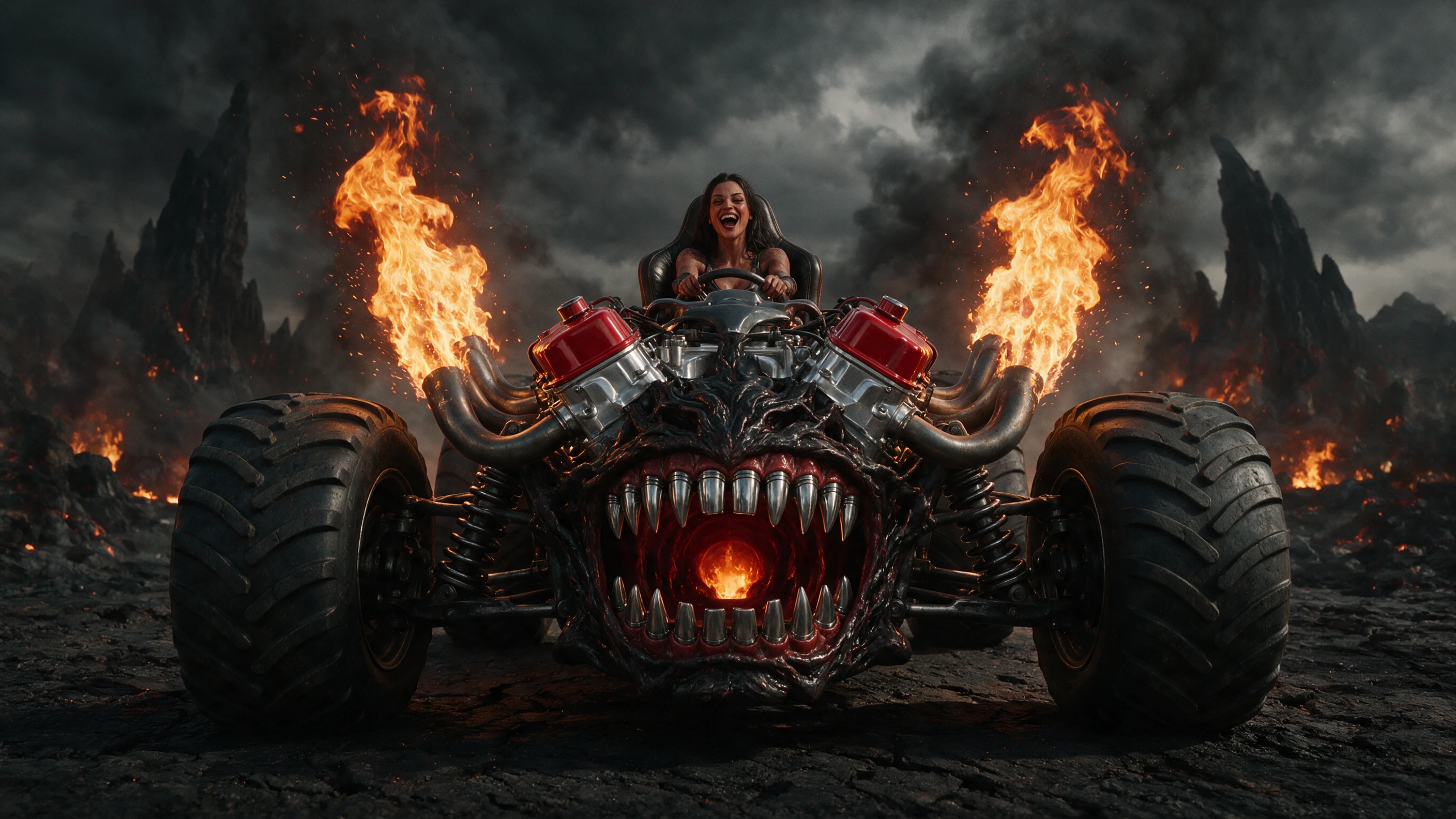 Possessed V8 engine with laughing demon driver