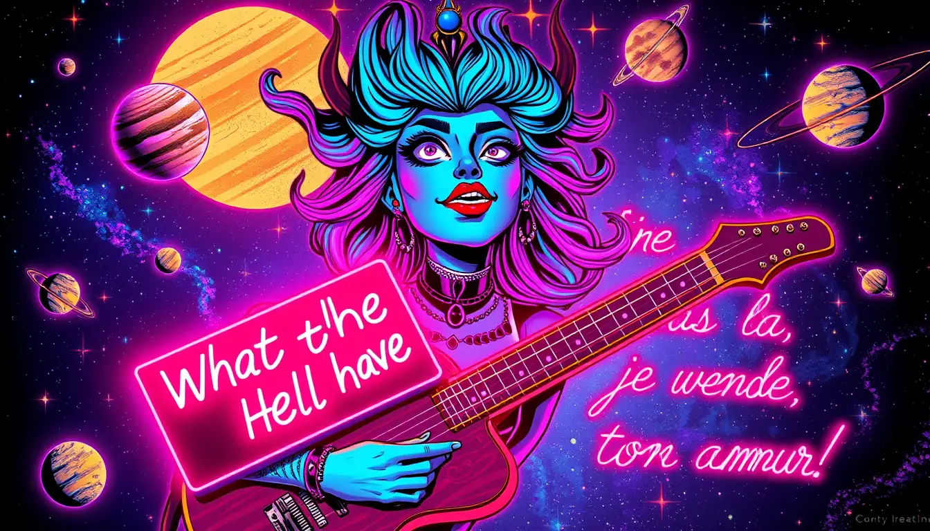 Cosmic mermaid with neon sign in swirling starry void