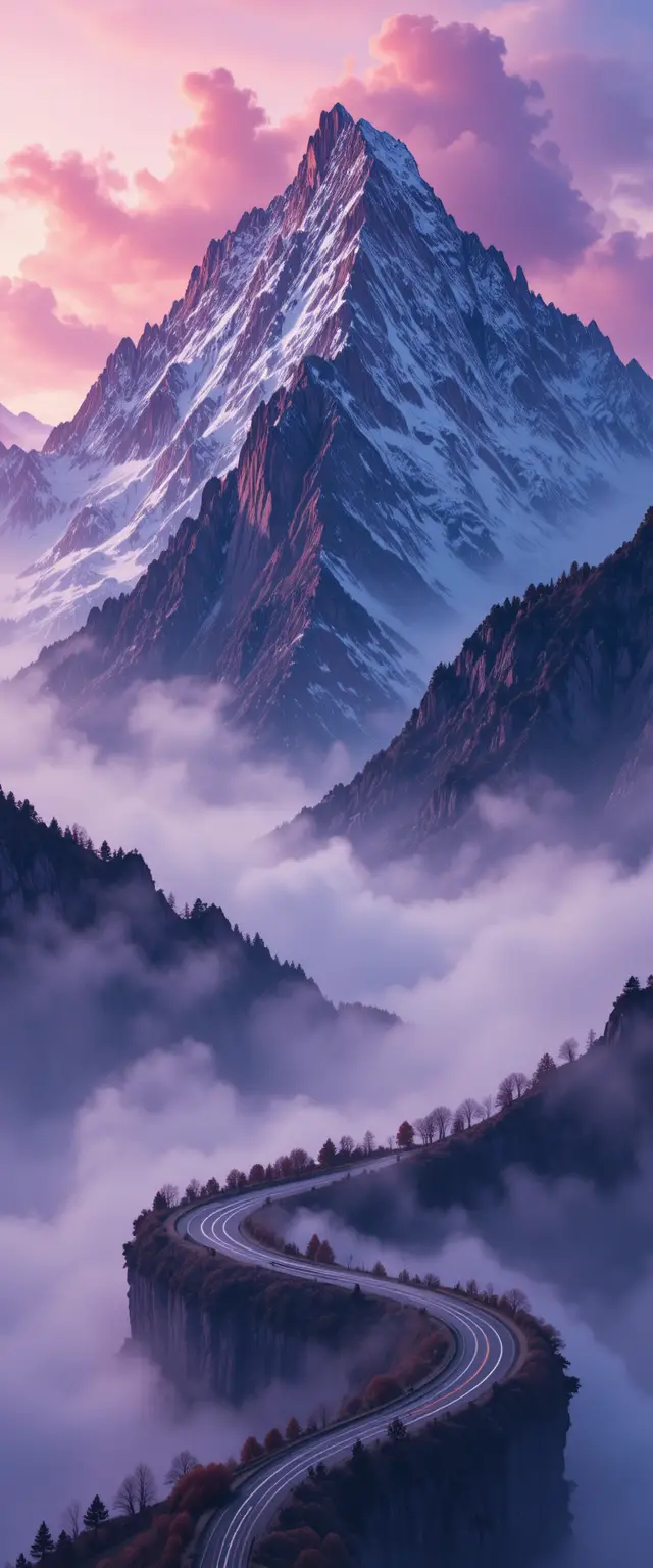 Misty Mountain Highway In Purple And Pink Tones