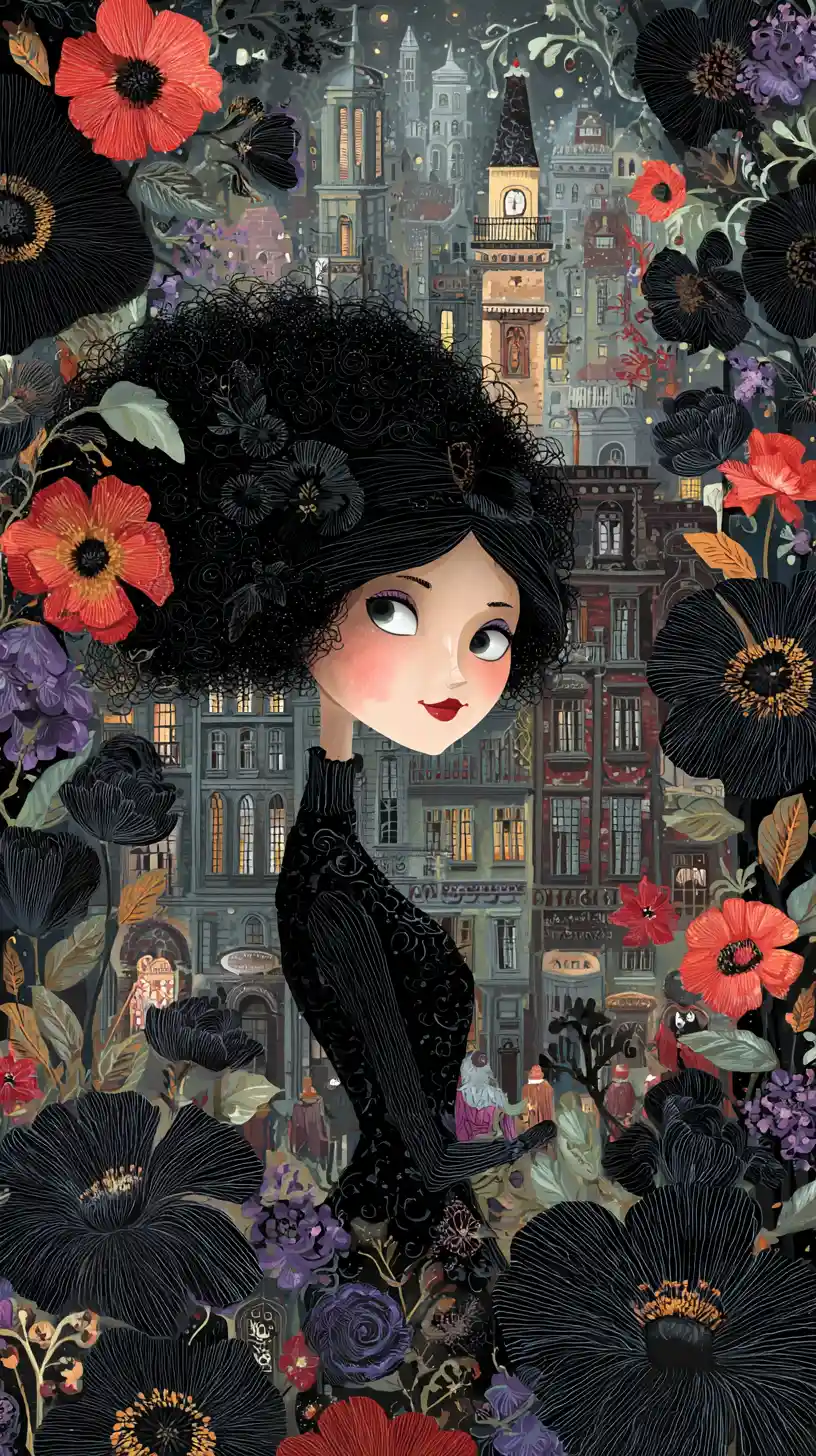 Smiling gothic woman in black with flowers in old town
