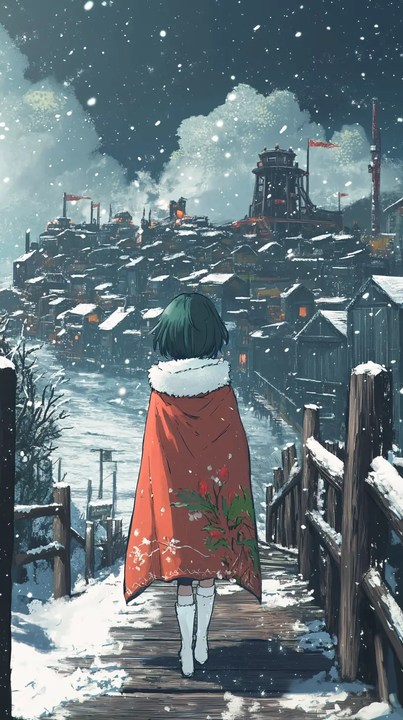 Anime girl walking a dog across a rustic wooden bridge