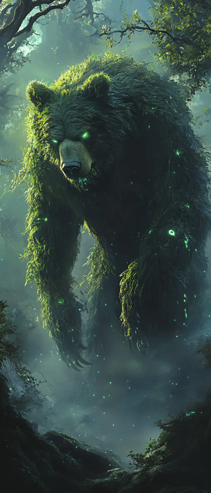 Moss covered bear emerging from an eerie enchanted forest