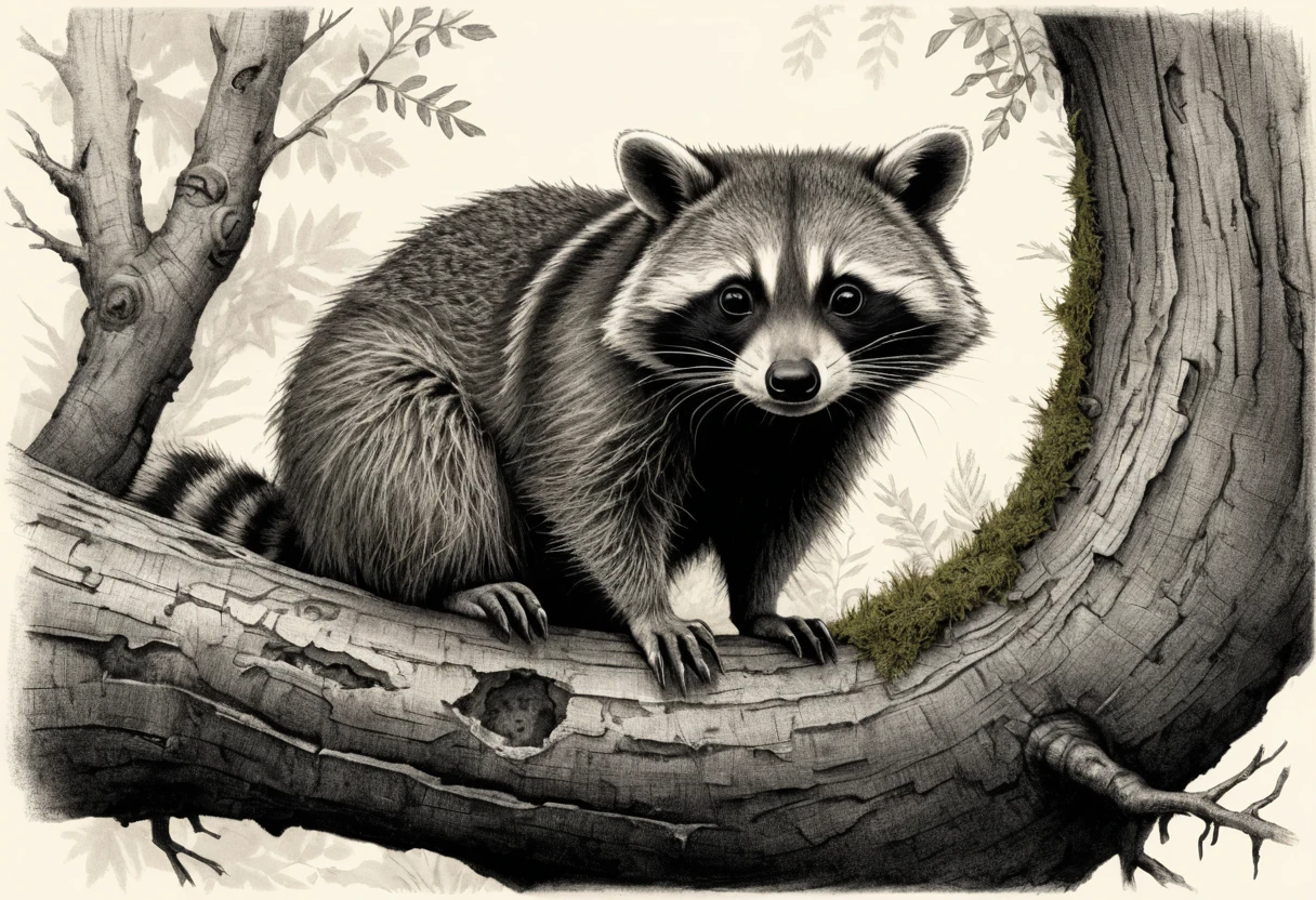 Contemplative Raccoon Inside A Hollow Tree Ink Drawing