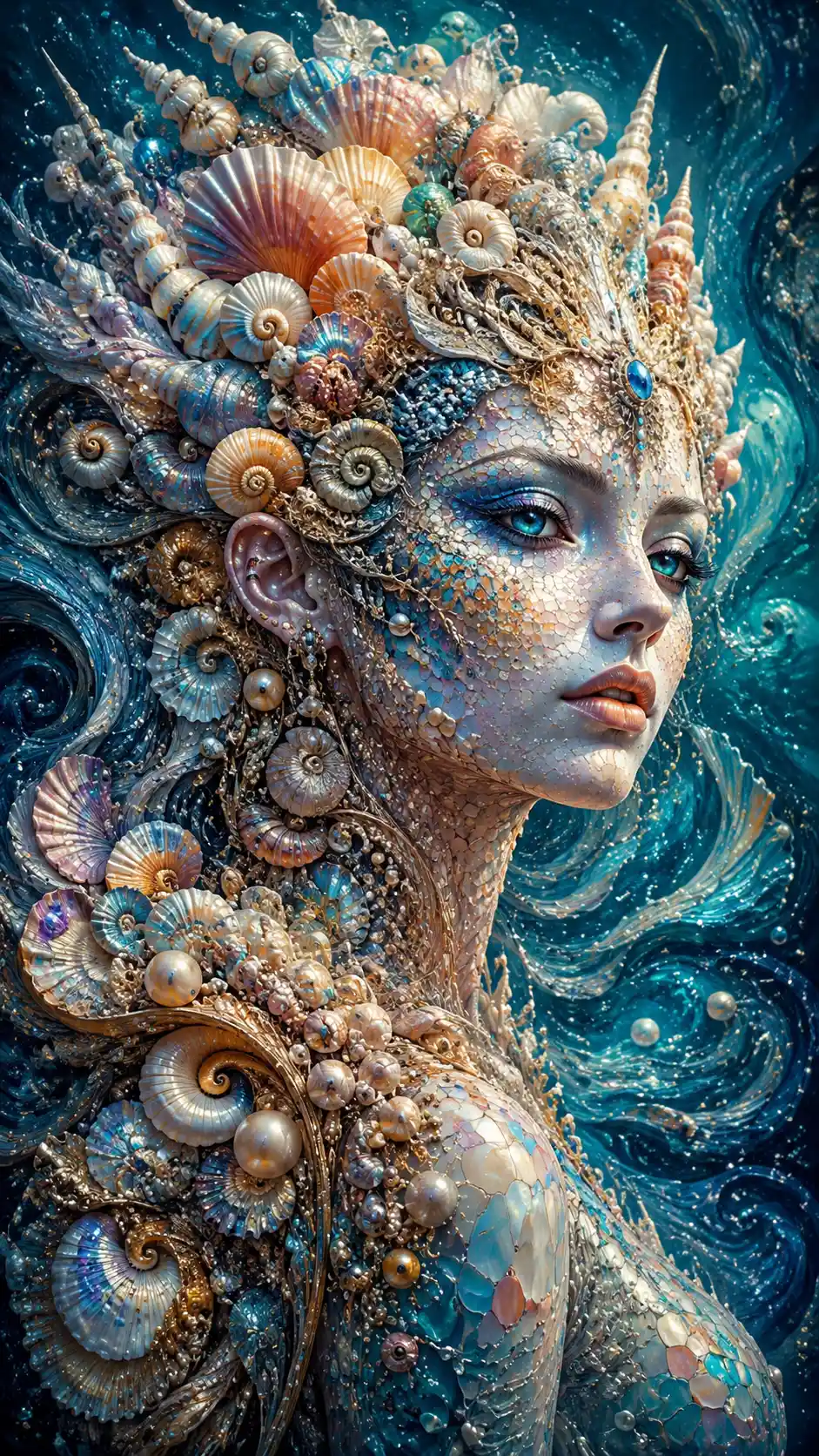 Surreal Mermaid Queen Portrait With Seashell Skin And Hair
