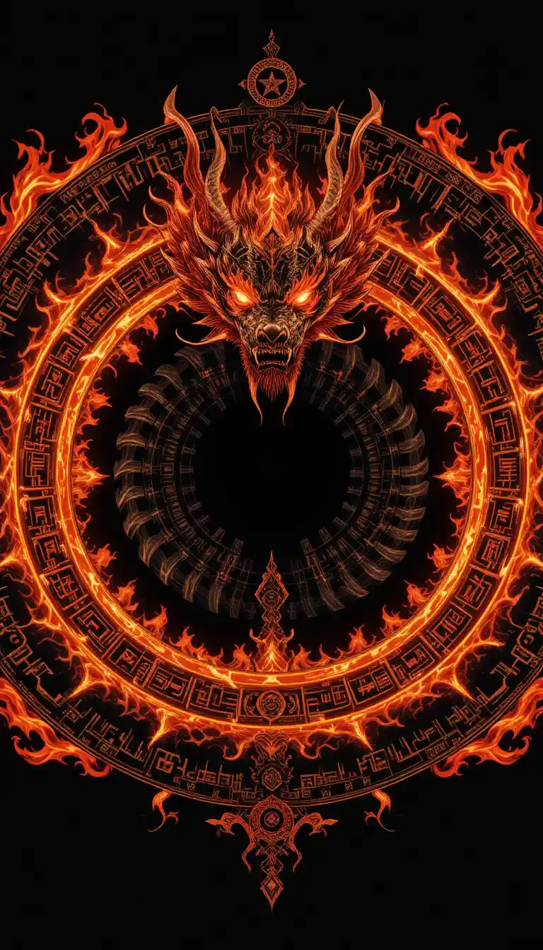 Ancient fire dragon mandala in perfect radial symmetry