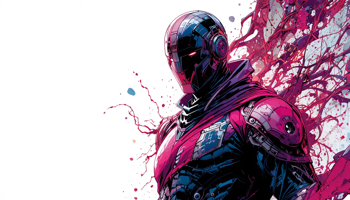 Masked space pirate standing before a stark white backdrop