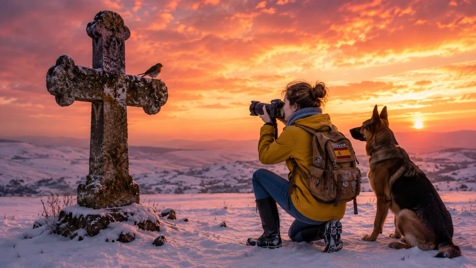 Girl photographing a robin on an ancient stone cross at sunset