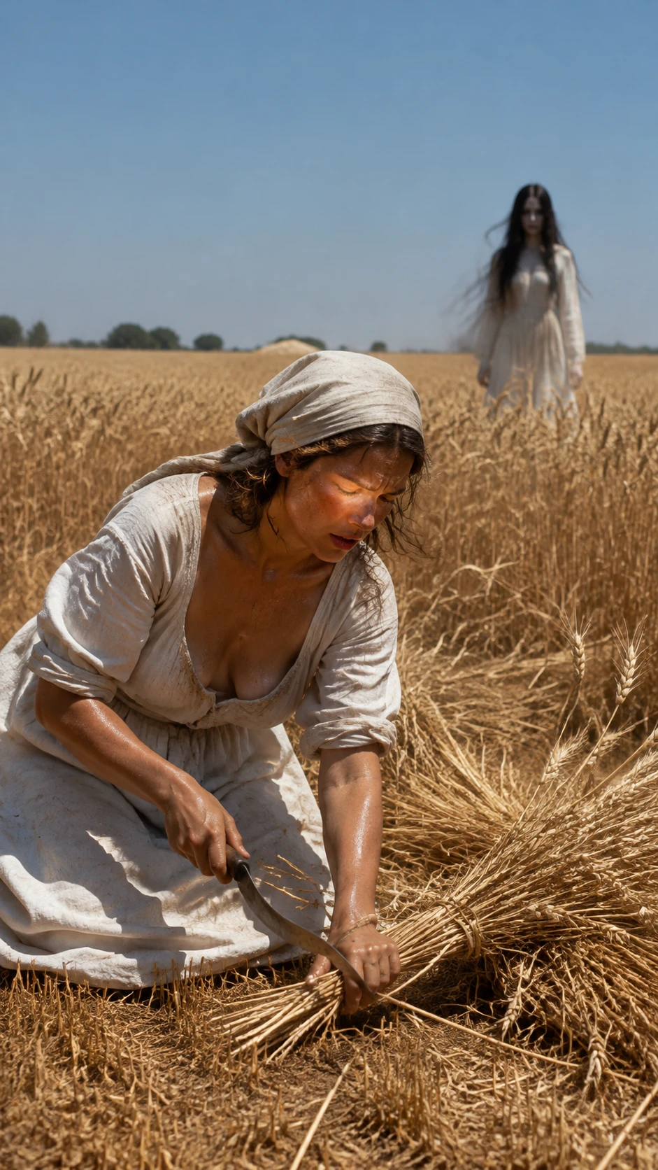 Young woman harvesting wheat under the harsh midday sun