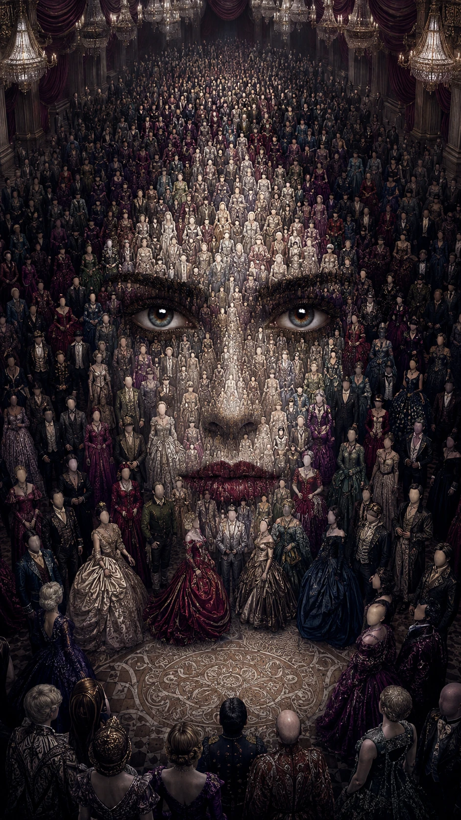 Elegant ballroom crowd forming a surreal human face