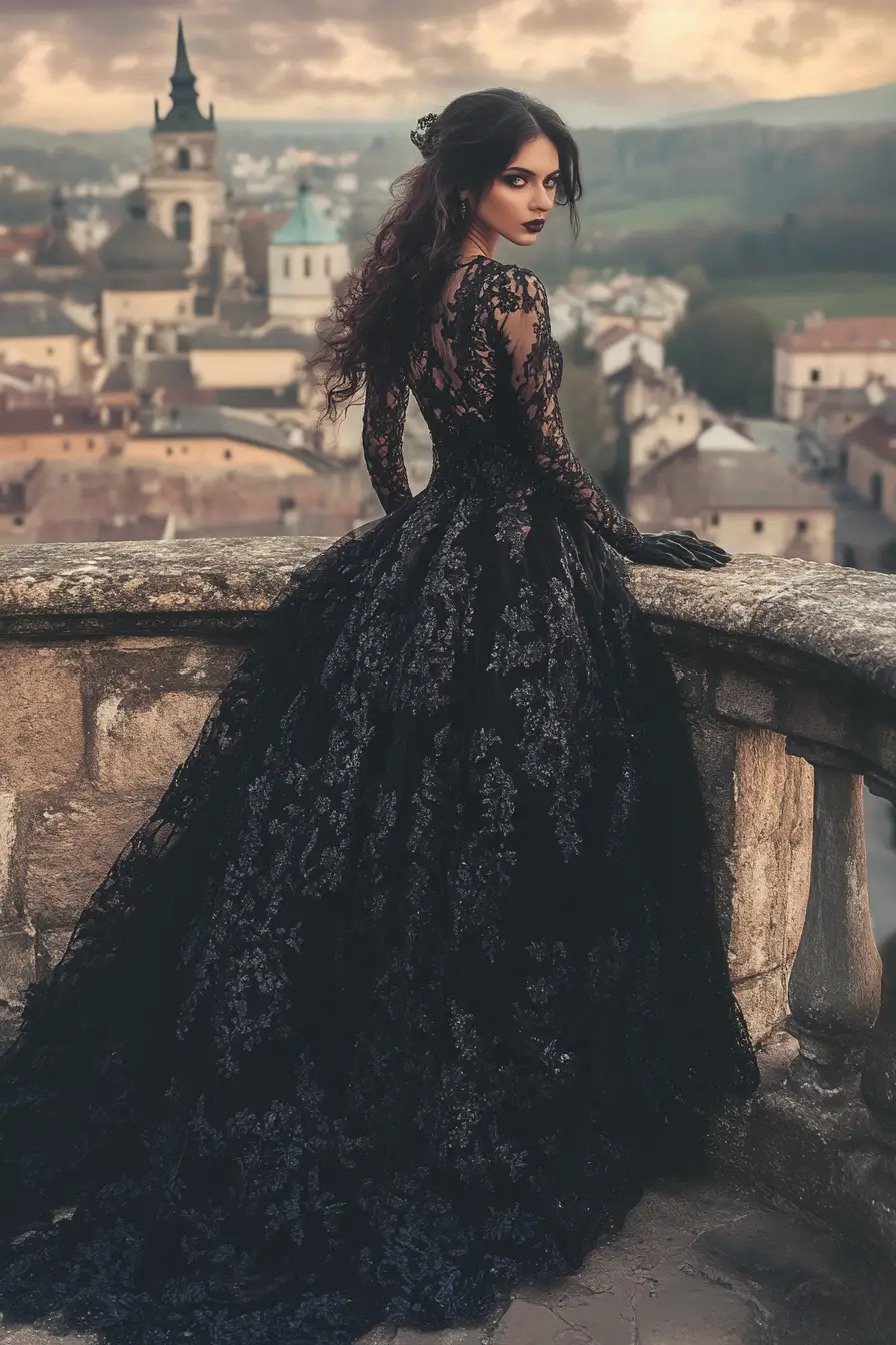 Mystical woman in black lace gown on moonlit castle balcony