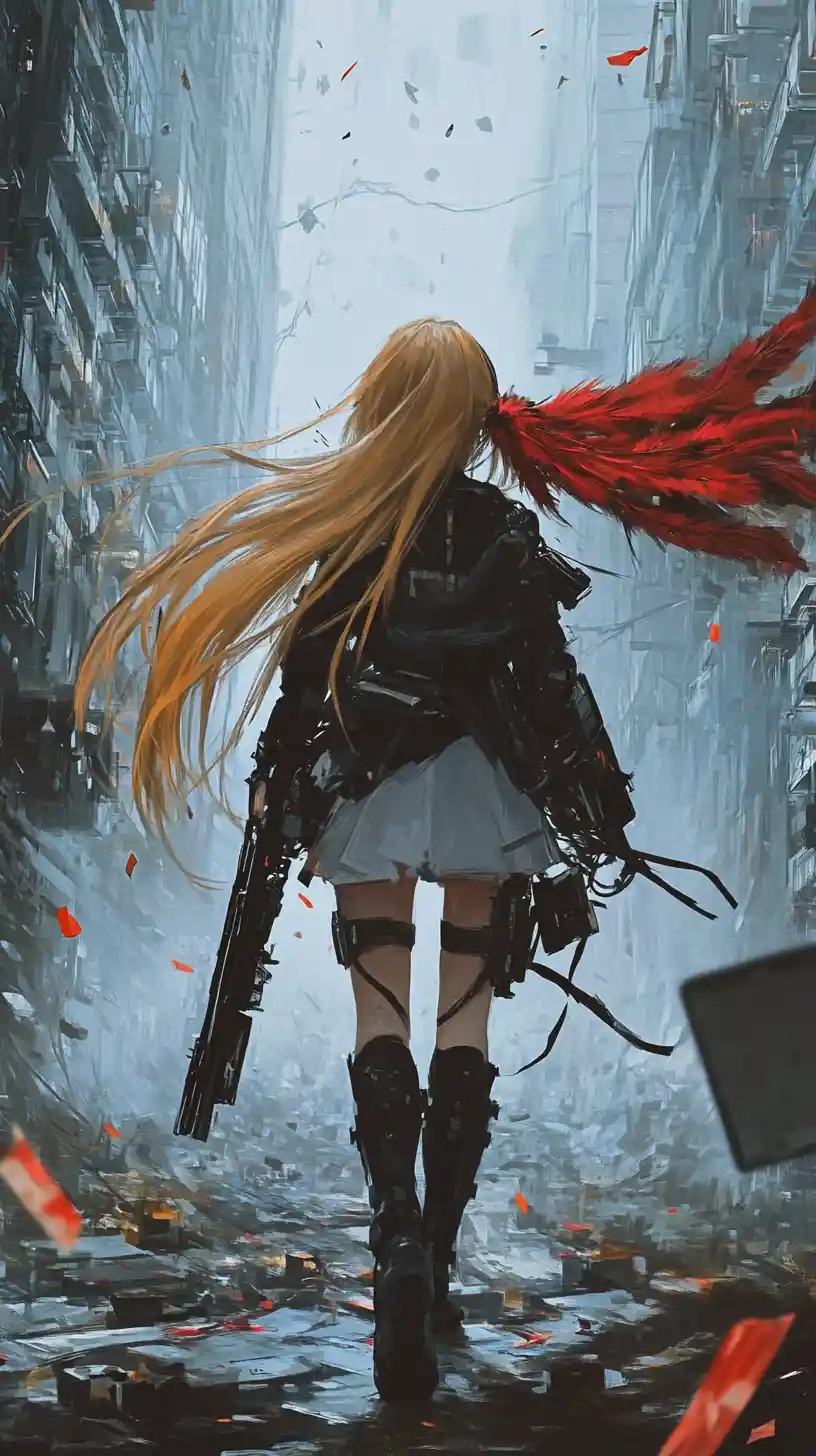 Anime girl with pistol walking through dark server room