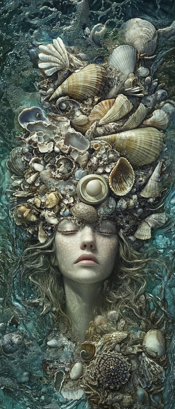Surreales Porträt einer Meereskönigin mit perlmuttartiger Muschelhaut