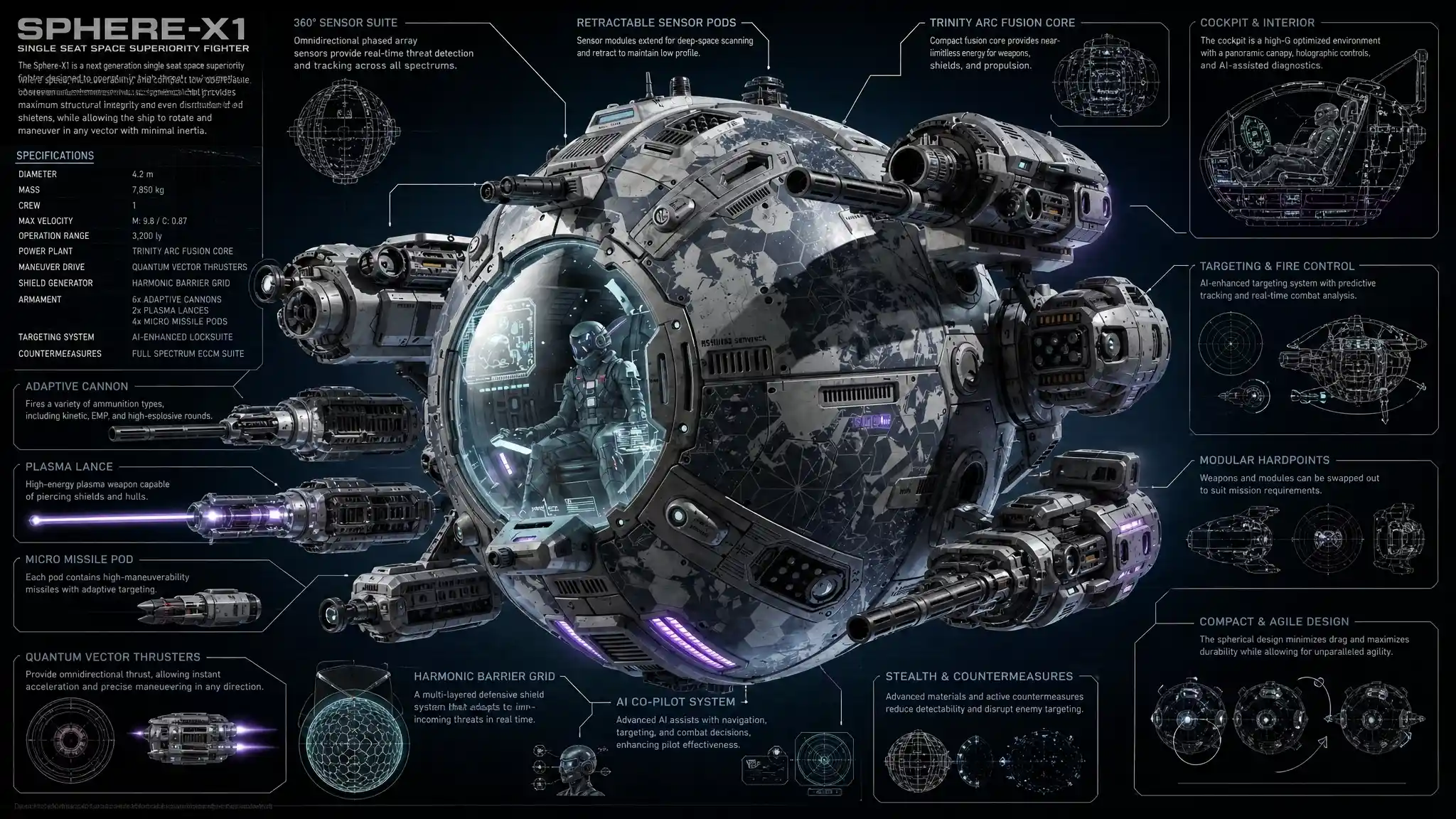 Caza espacial esférico monoplaza con cabina de piloto visible