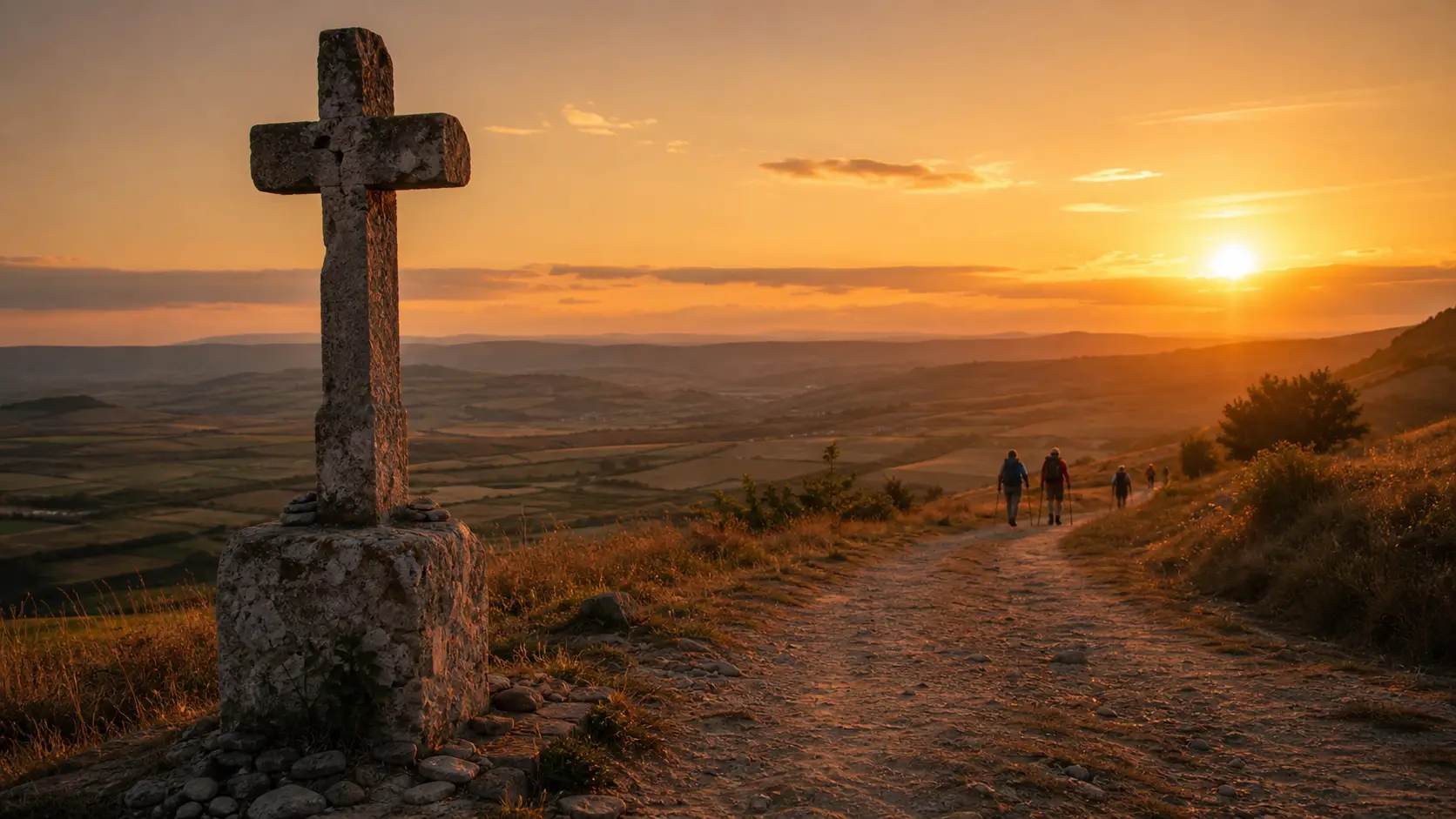 Stone cross by a forest path at golden sunset