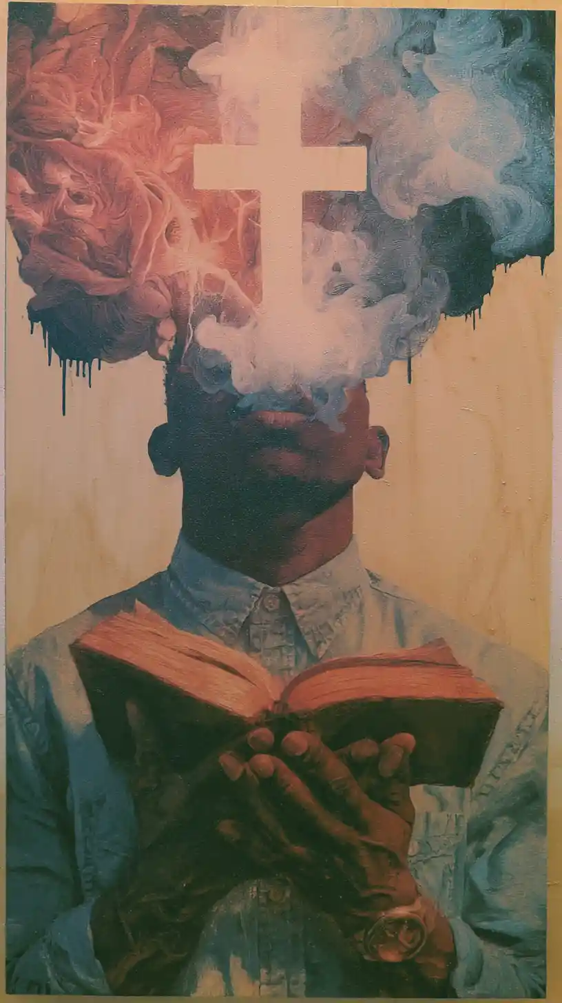 Abstract conceptual scene of faith, control and spiritual struggle