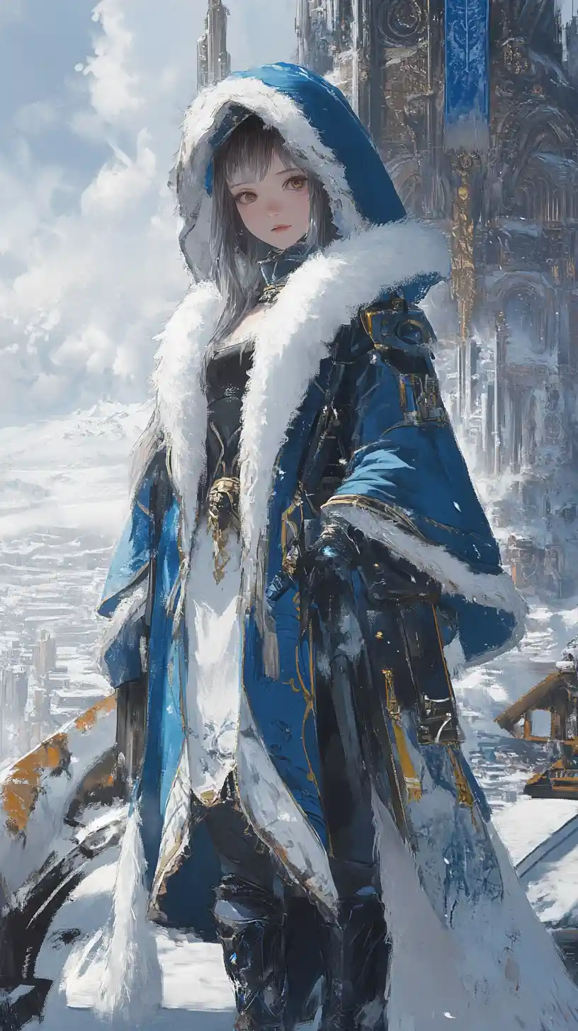 Anime girl in blue hooded coat before ancient stone temple