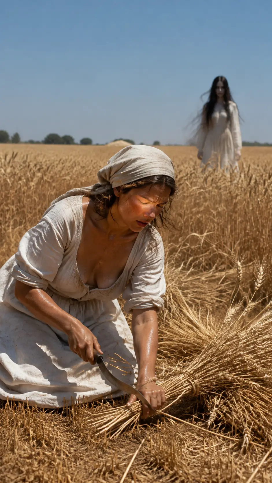 Young woman harvesting wheat under the harsh midday sun