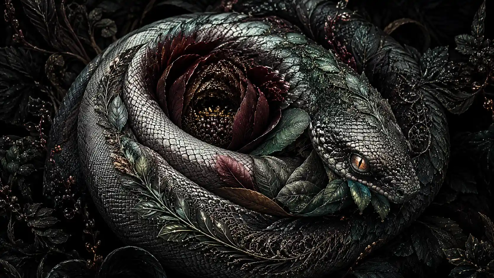 Serpent Éclot en Illusion de Fleur Botanique Sombre