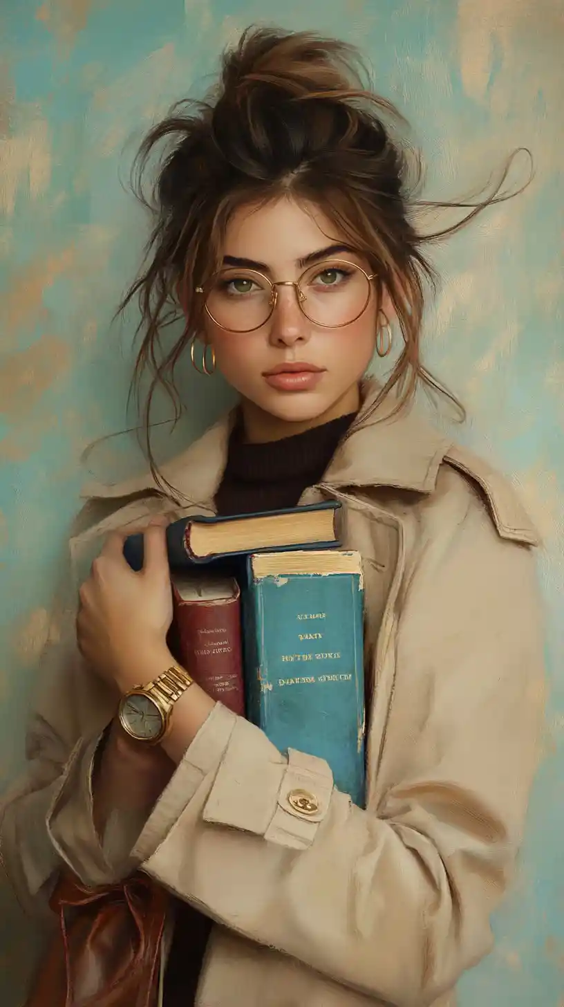 Bücherliebende junge Frau mit Brille, die abgenutzte Bücher hält