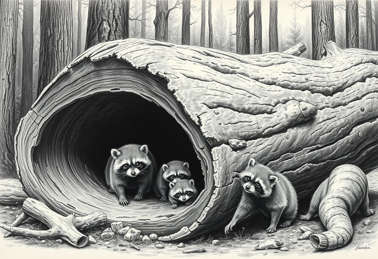Joyful raccoon family around a hollow fallen forest log