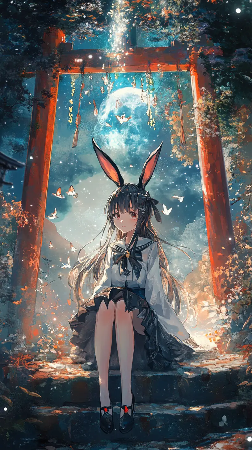 Anime girl on stone path in mystical bamboo forest