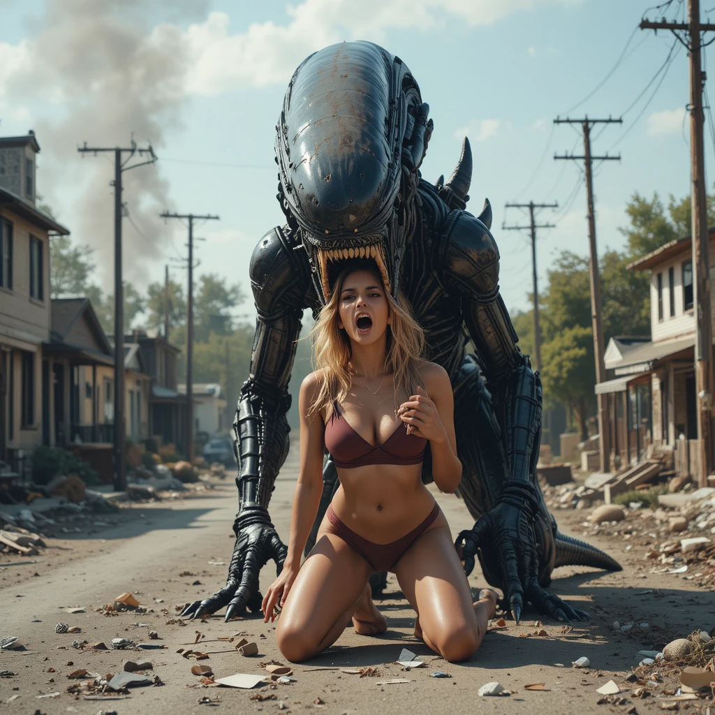 Mostro alieno gigante che attacca una donna in ginocchio terrorizzata