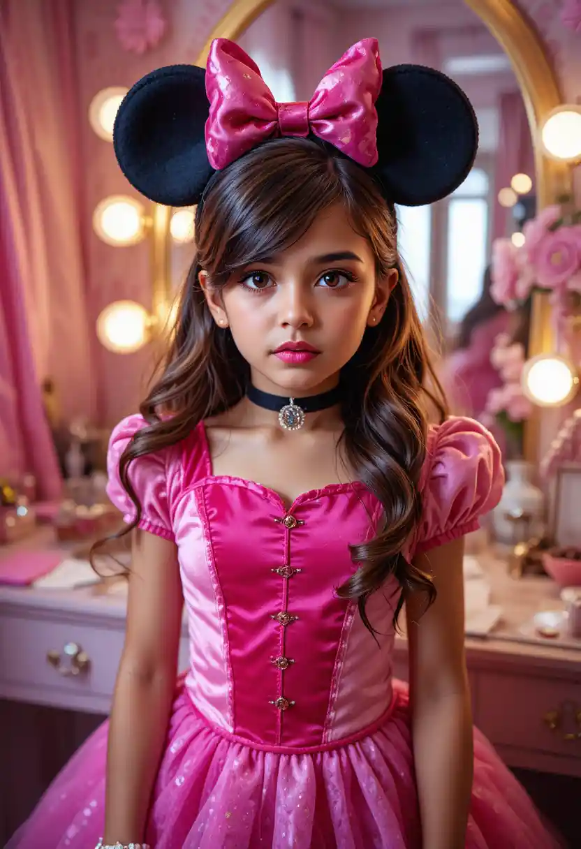 Tween boy in princess costume at a vanity mirror