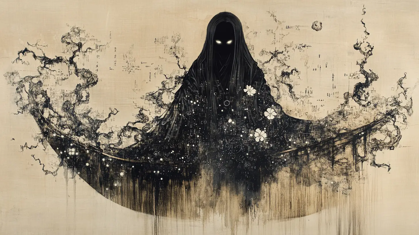 Elegant ink psychopomp emerging from sweeping sumi e brushstrokes