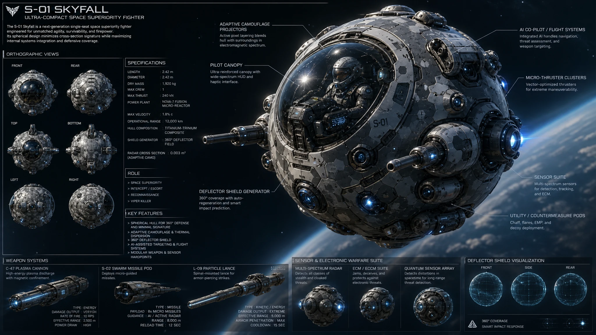 Caza espacial esférico futurista con cabina de piloto visible