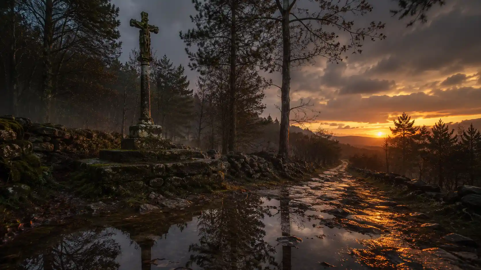 Ancient stone cross by a forest path at winter dusk