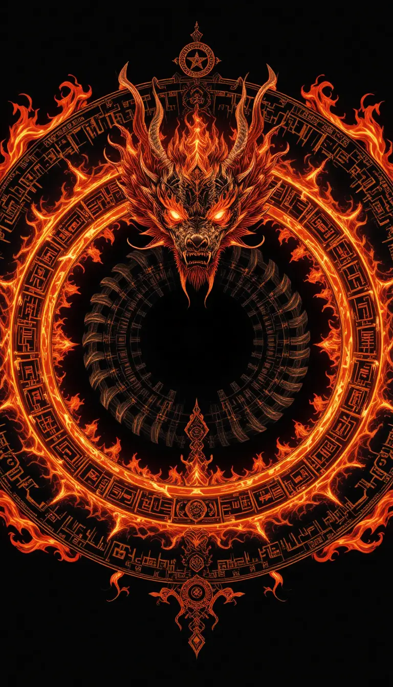 Ancient fire dragon mandala in perfect radial symmetry