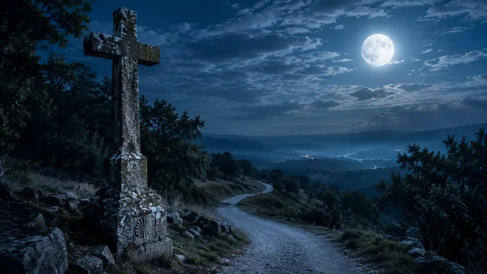 Stone cross by a moonlit forest path on the Camino