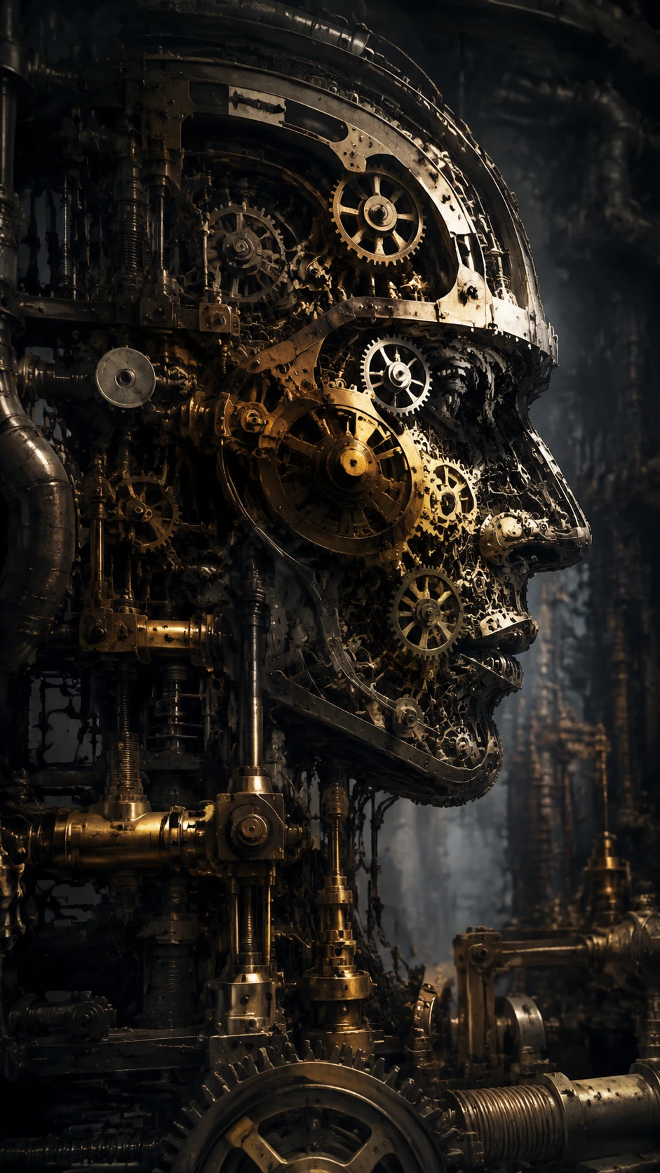 Surreal mechanical face formed from vast vintage machinery