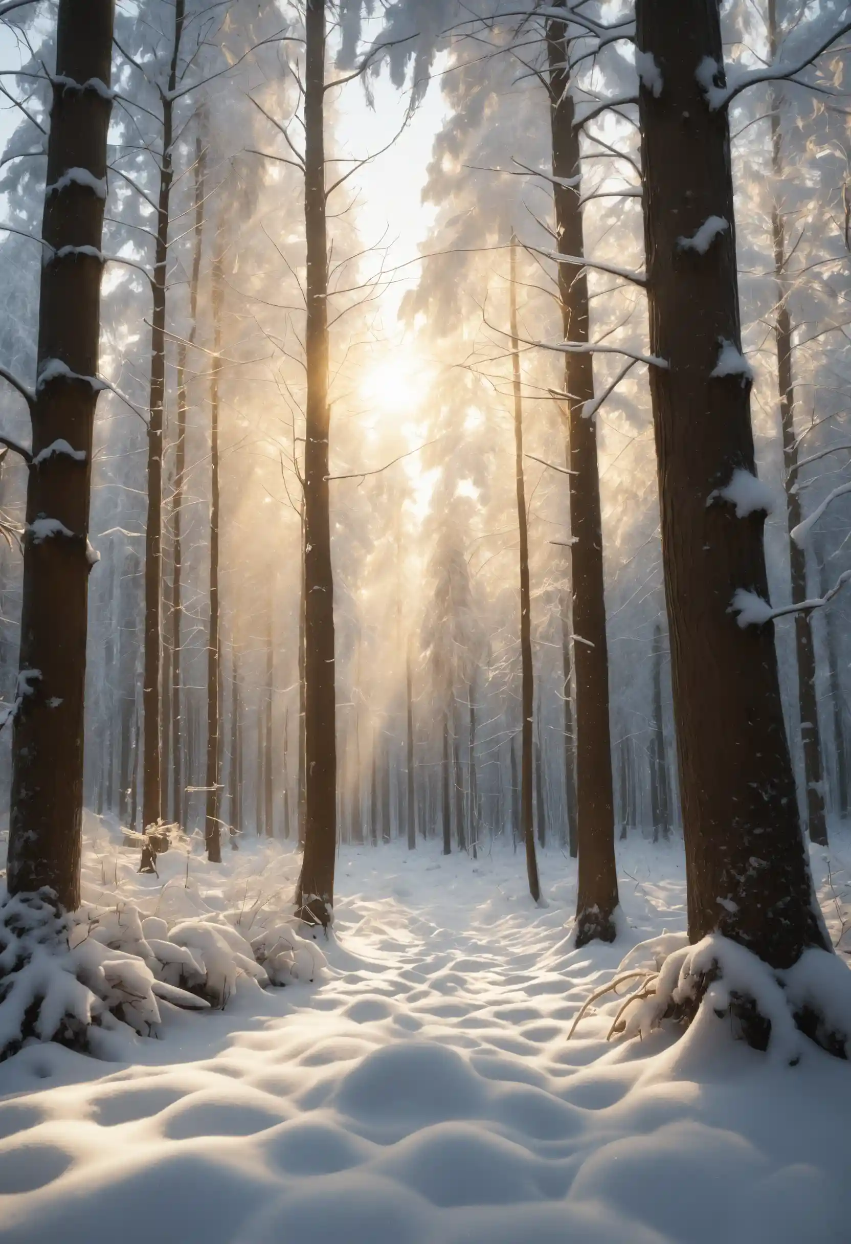 Snowy winter forest glowing in golden hour sunlight