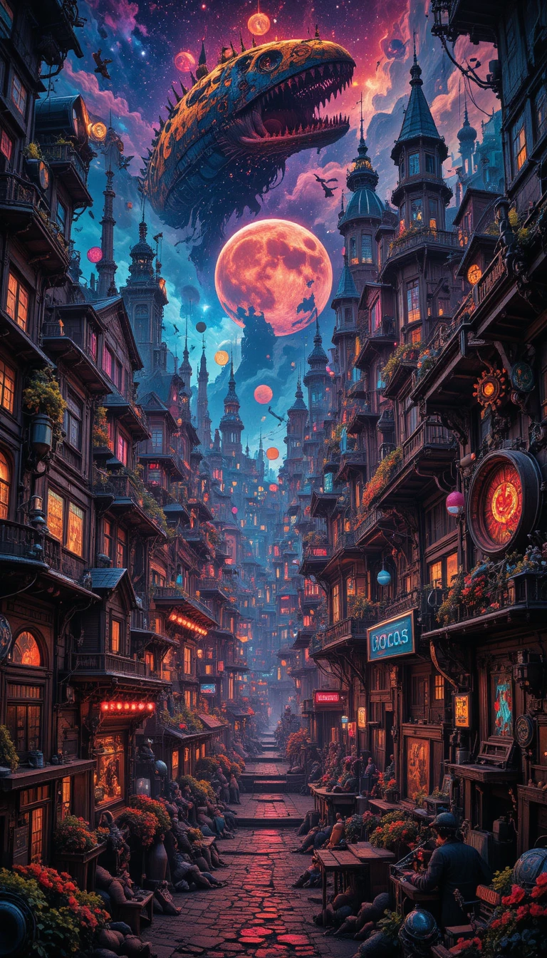 Vibrant steampunk cityscape with neon gears and cosmos