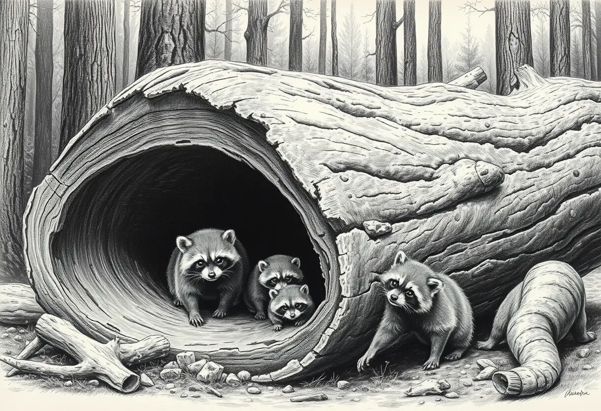 Joyful raccoon family around a hollow fallen forest log